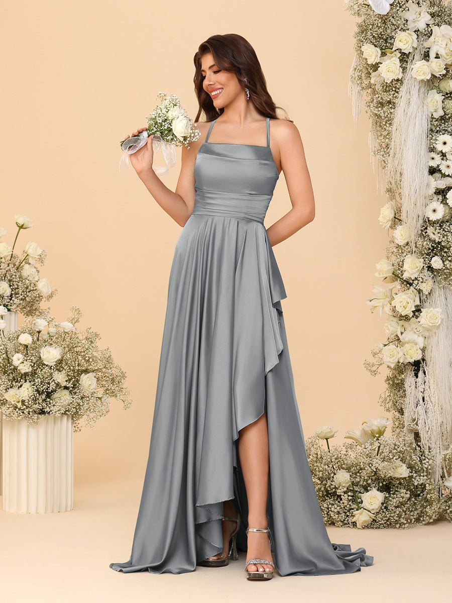 A-Line/Princess Spaghetti Straps Sleeveless Sweep Train Bridesmaid Dresses With Split Side Silver Gray