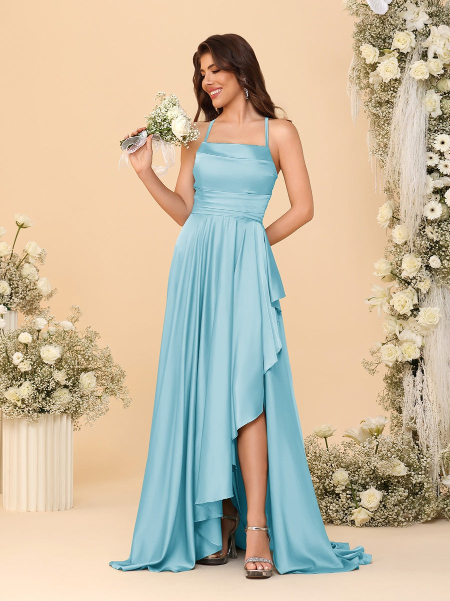 A-Line/Princess Spaghetti Straps Sleeveless Sweep Train Bridesmaid Dresses With Split Side Sky Blue