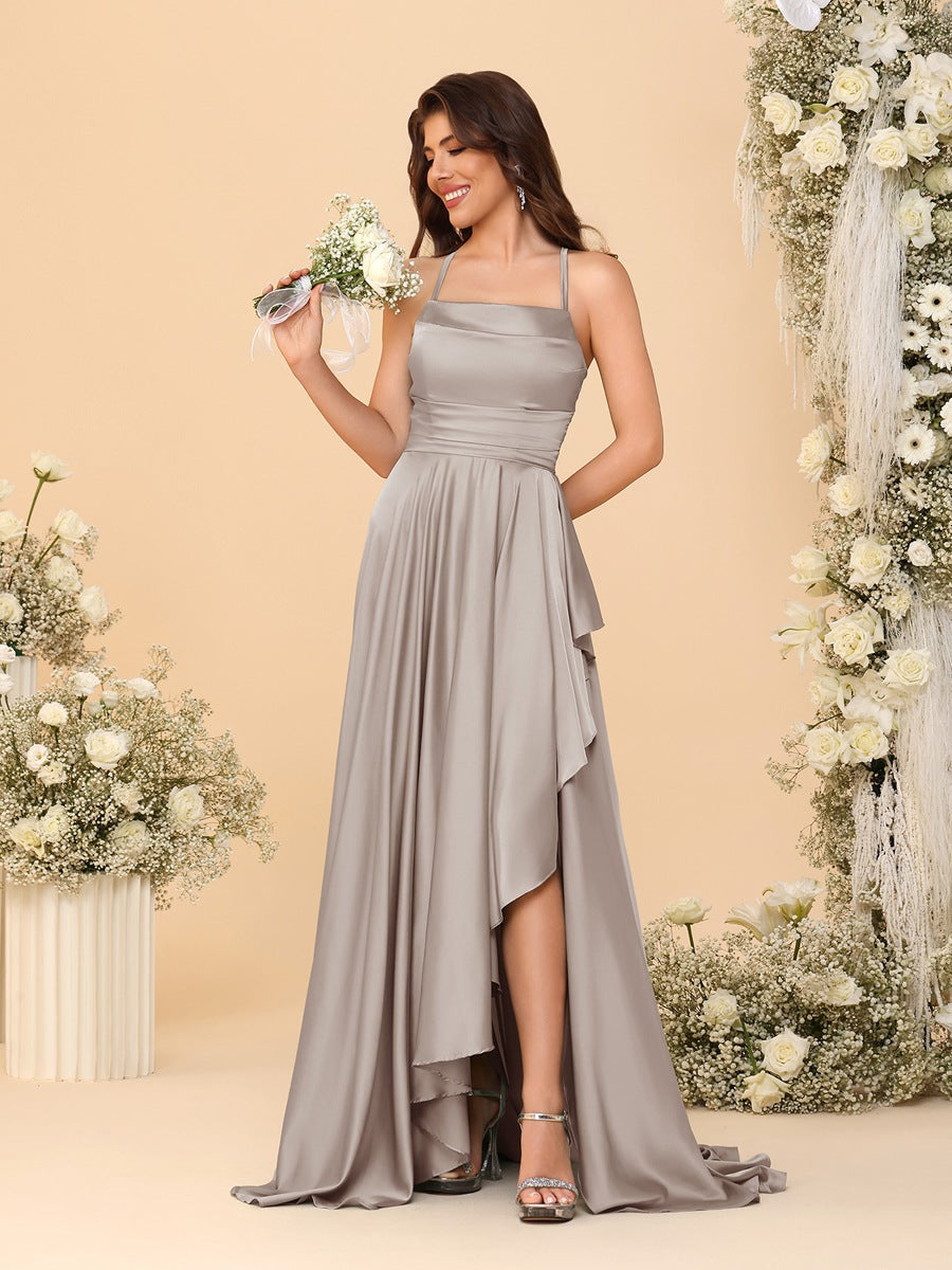 A-Line/Princess Spaghetti Straps Sleeveless Sweep Train Bridesmaid Dresses With Split Side Taupe