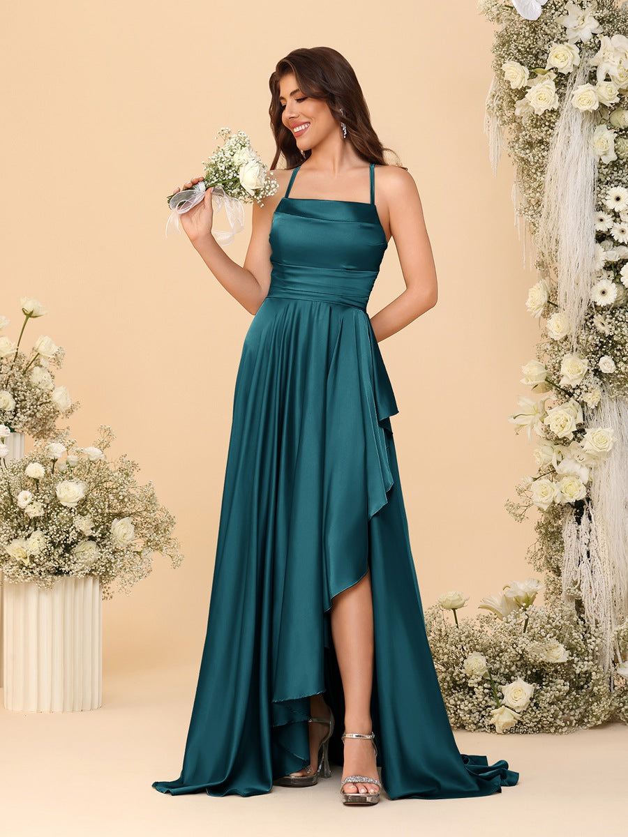 A-Line/Princess Spaghetti Straps Sleeveless Sweep Train Bridesmaid Dresses With Split Side Teal
