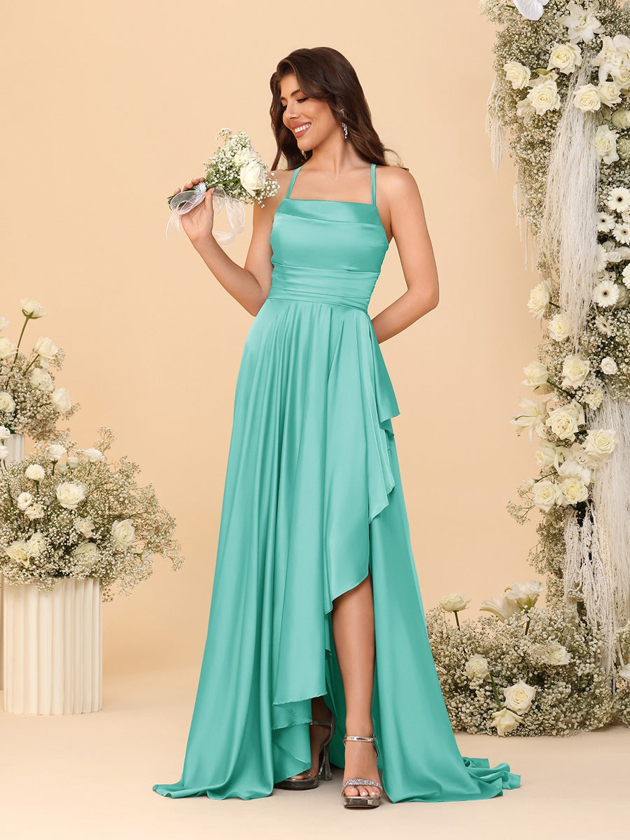 A-Line/Princess Spaghetti Straps Sleeveless Sweep Train Bridesmaid Dresses With Split Side Turquoise