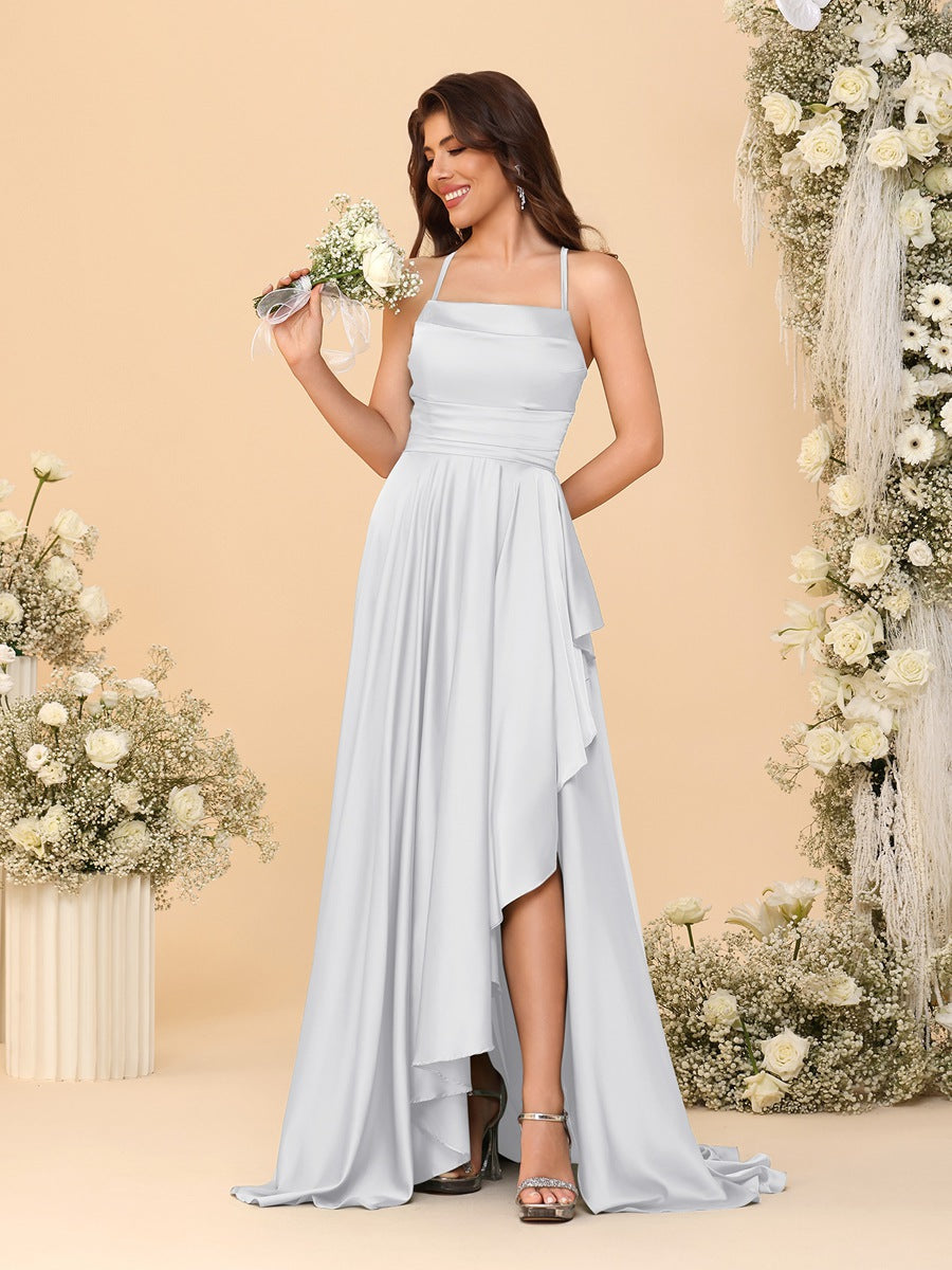 A-Line/Princess Spaghetti Straps Sleeveless Sweep Train Bridesmaid Dresses With Split Side White