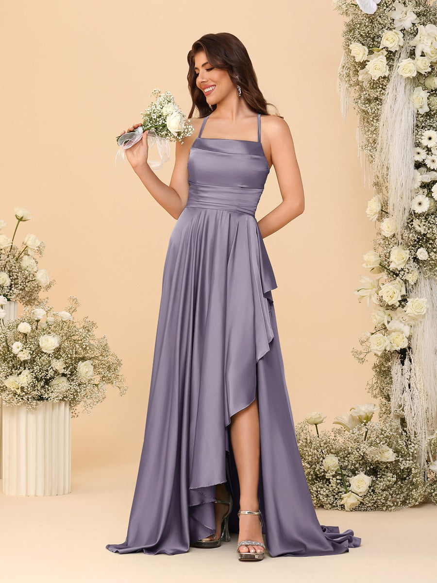 A-Line/Princess Spaghetti Straps Sleeveless Sweep Train Bridesmaid Dresses With Split Side Wisteria