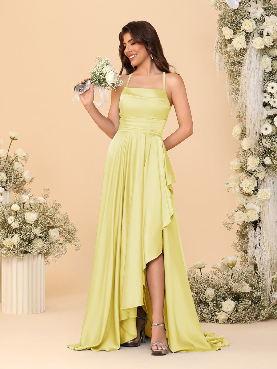 A-Line/Princess Spaghetti Straps Sleeveless Sweep Train Bridesmaid Dresses With Split Side Yellow