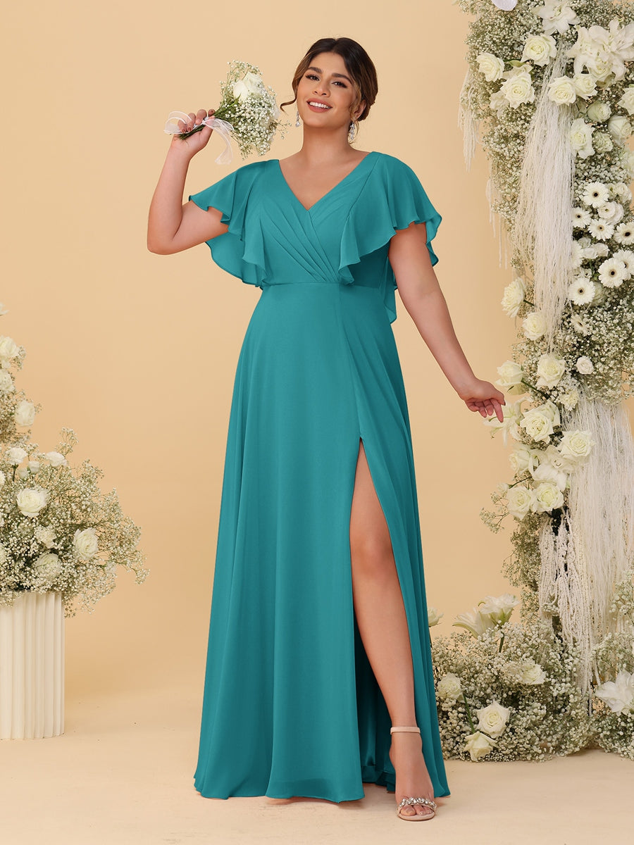 A-Line/Princess V-Neck Short Sleeves Floor-Length Plus Size Bridesmaid Dresses With Side Slit Aqua Blue