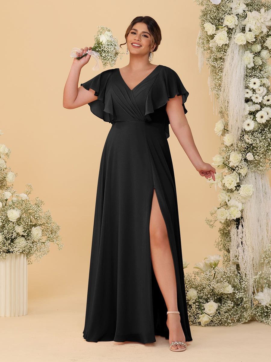 A-Line/Princess V-Neck Short Sleeves Floor-Length Plus Size Bridesmaid Dresses With Side Slit Black