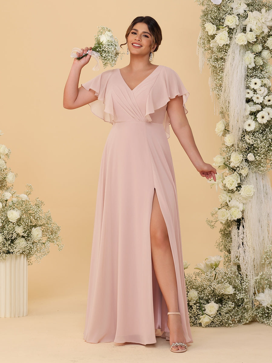 A-Line/Princess V-Neck Short Sleeves Floor-Length Plus Size Bridesmaid Dresses With Side Slit Blush Pink