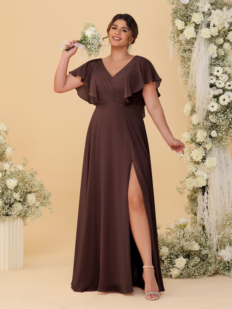 A-Line/Princess V-Neck Short Sleeves Floor-Length Plus Size Bridesmaid Dresses With Side Slit Brown