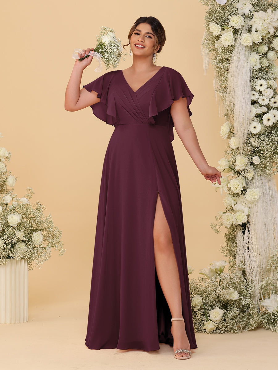 A-Line/Princess V-Neck Short Sleeves Floor-Length Plus Size Bridesmaid Dresses With Side Slit Burgundy