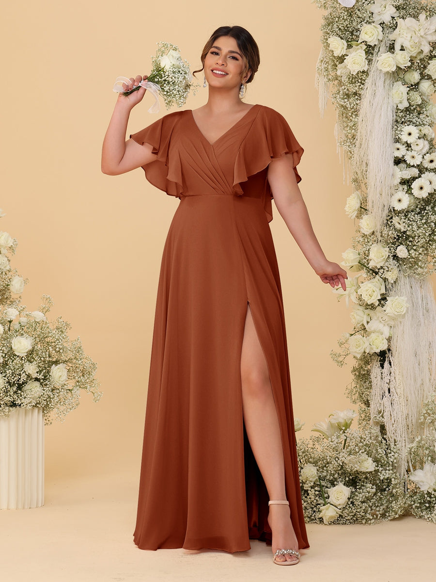 A-Line/Princess V-Neck Short Sleeves Floor-Length Plus Size Bridesmaid Dresses With Side Slit Burnt Orange