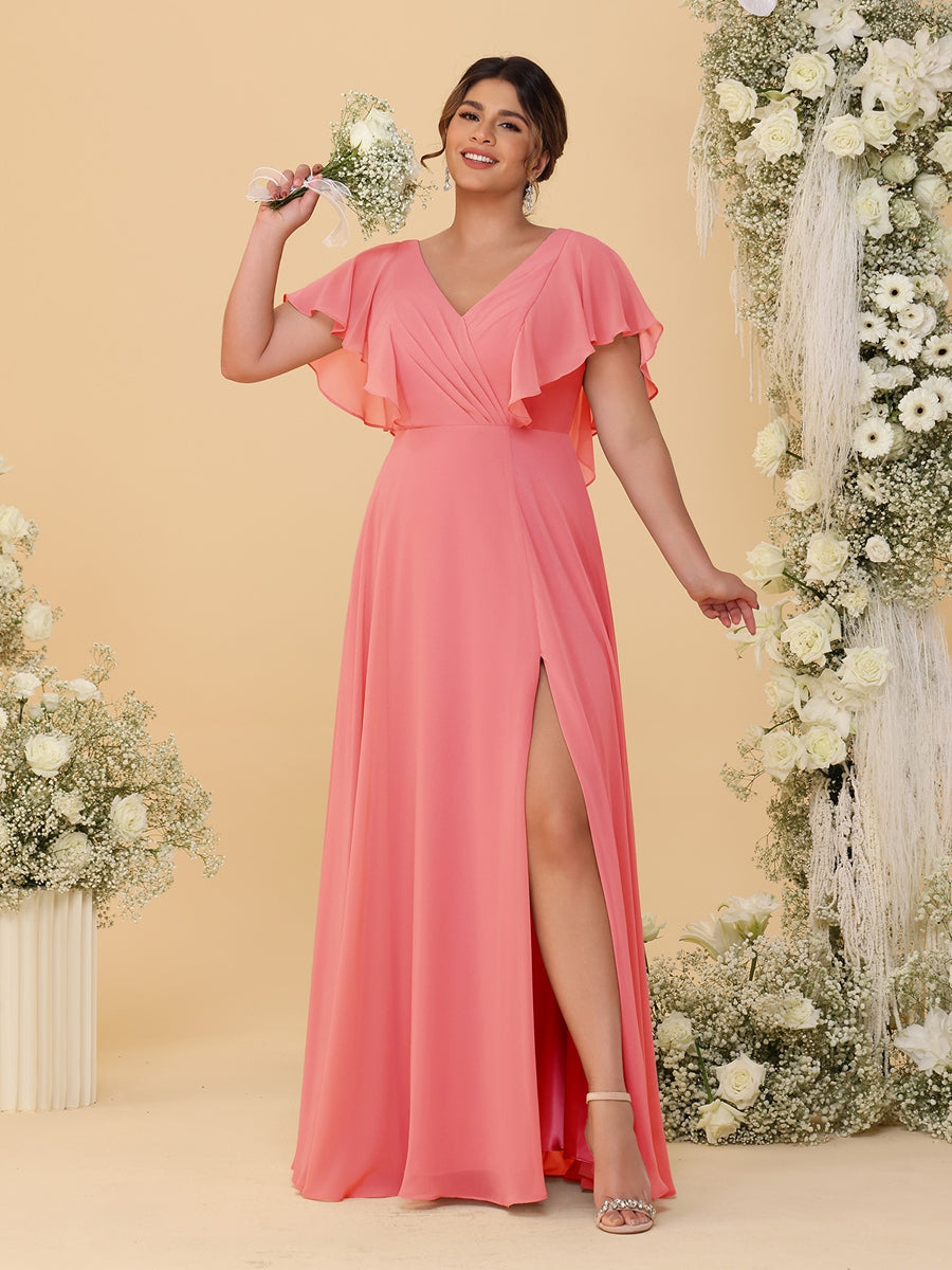 A-Line/Princess V-Neck Short Sleeves Floor-Length Plus Size Bridesmaid Dresses With Side Slit Coral