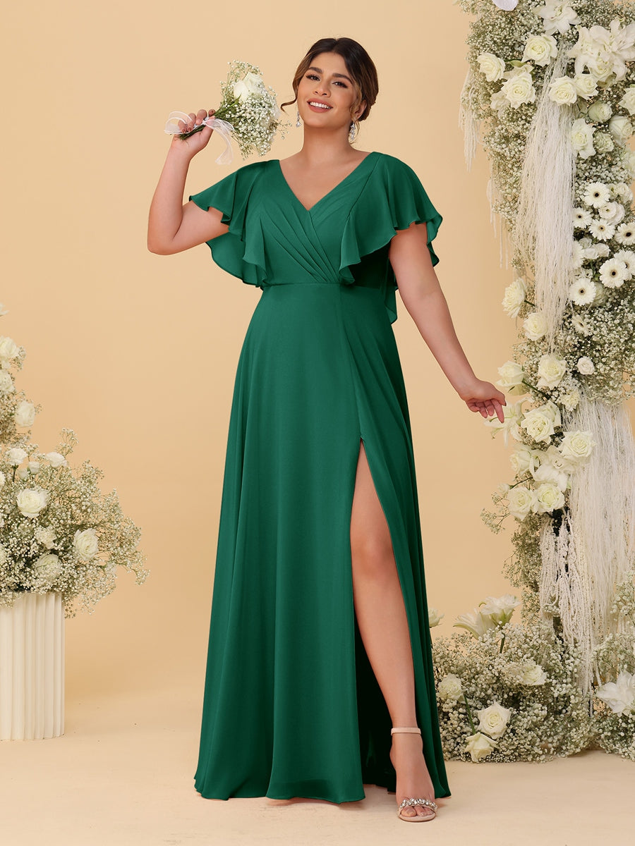 A-Line/Princess V-Neck Short Sleeves Floor-Length Plus Size Bridesmaid Dresses With Side Slit Dark Green