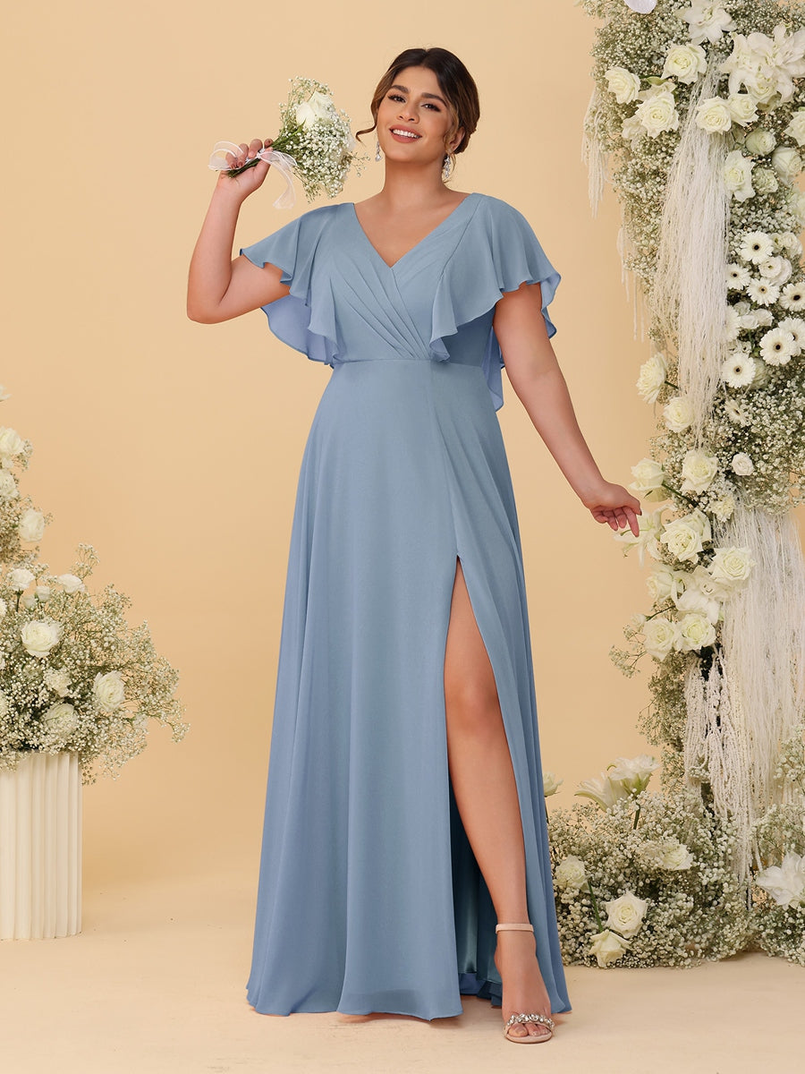 A-Line/Princess V-Neck Short Sleeves Floor-Length Plus Size Bridesmaid Dresses With Side Slit Dusty Blue