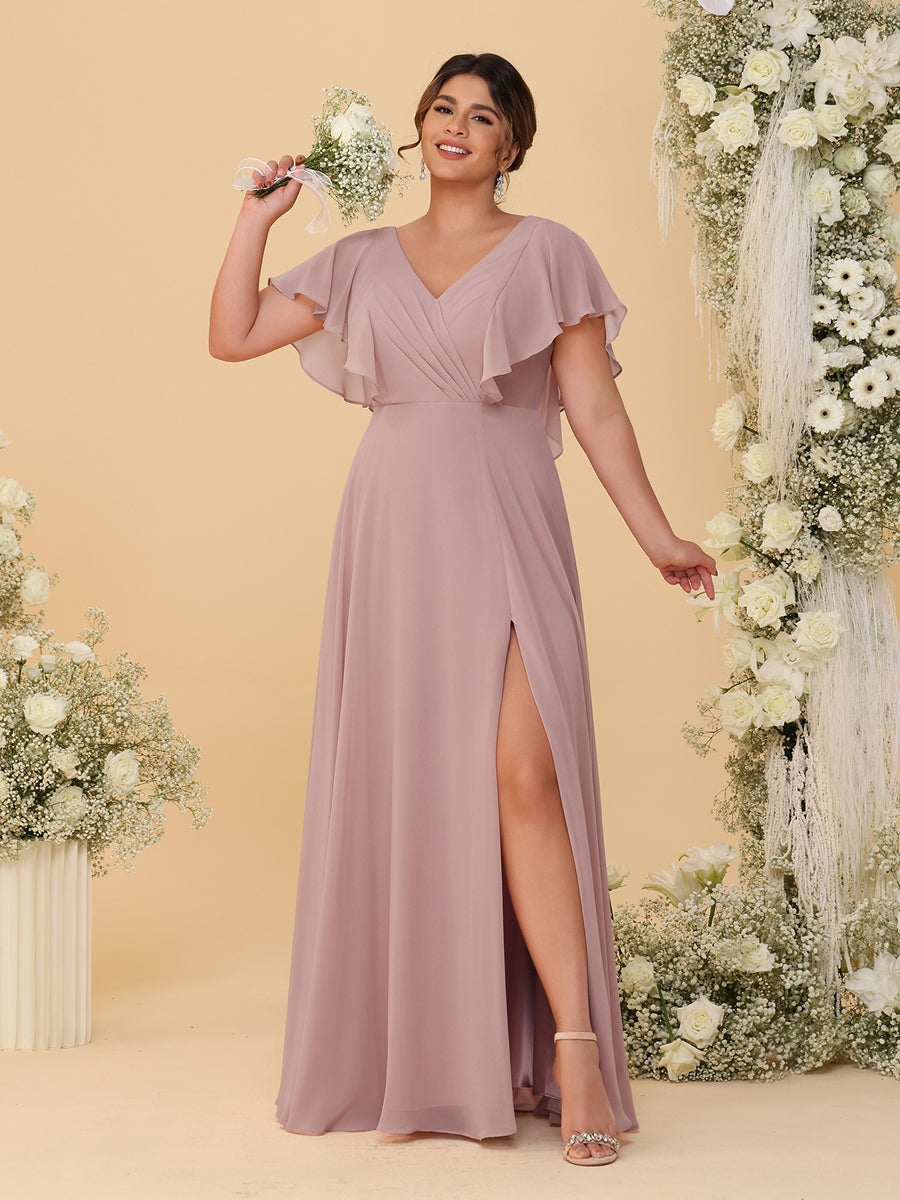 A-Line/Princess V-Neck Short Sleeves Floor-Length Plus Size Bridesmaid Dresses With Side Slit Dusty Pink