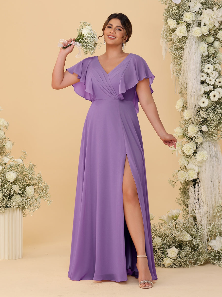 A-Line/Princess V-Neck Short Sleeves Floor-Length Plus Size Bridesmaid Dresses With Side Slit Dusty Purple