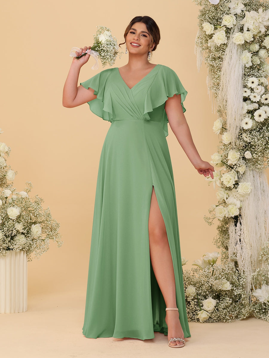 A-Line/Princess V-Neck Short Sleeves Floor-Length Plus Size Bridesmaid Dresses With Side Slit Dusty Sage