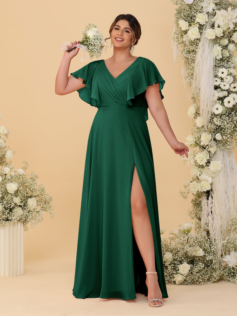 A-Line/Princess V-Neck Short Sleeves Floor-Length Plus Size Bridesmaid Dresses With Side Slit Emerald