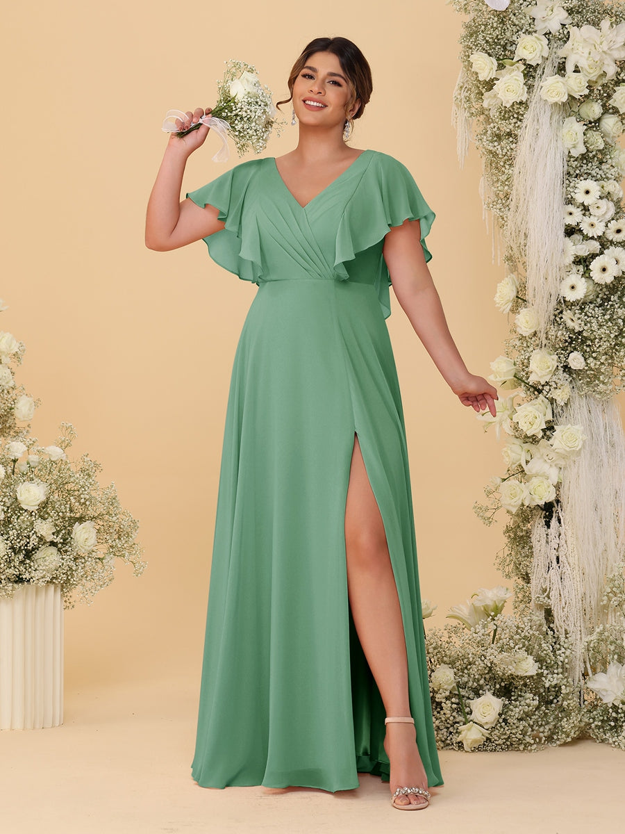 A-Line/Princess V-Neck Short Sleeves Floor-Length Plus Size Bridesmaid Dresses With Side Slit Eucalyptus