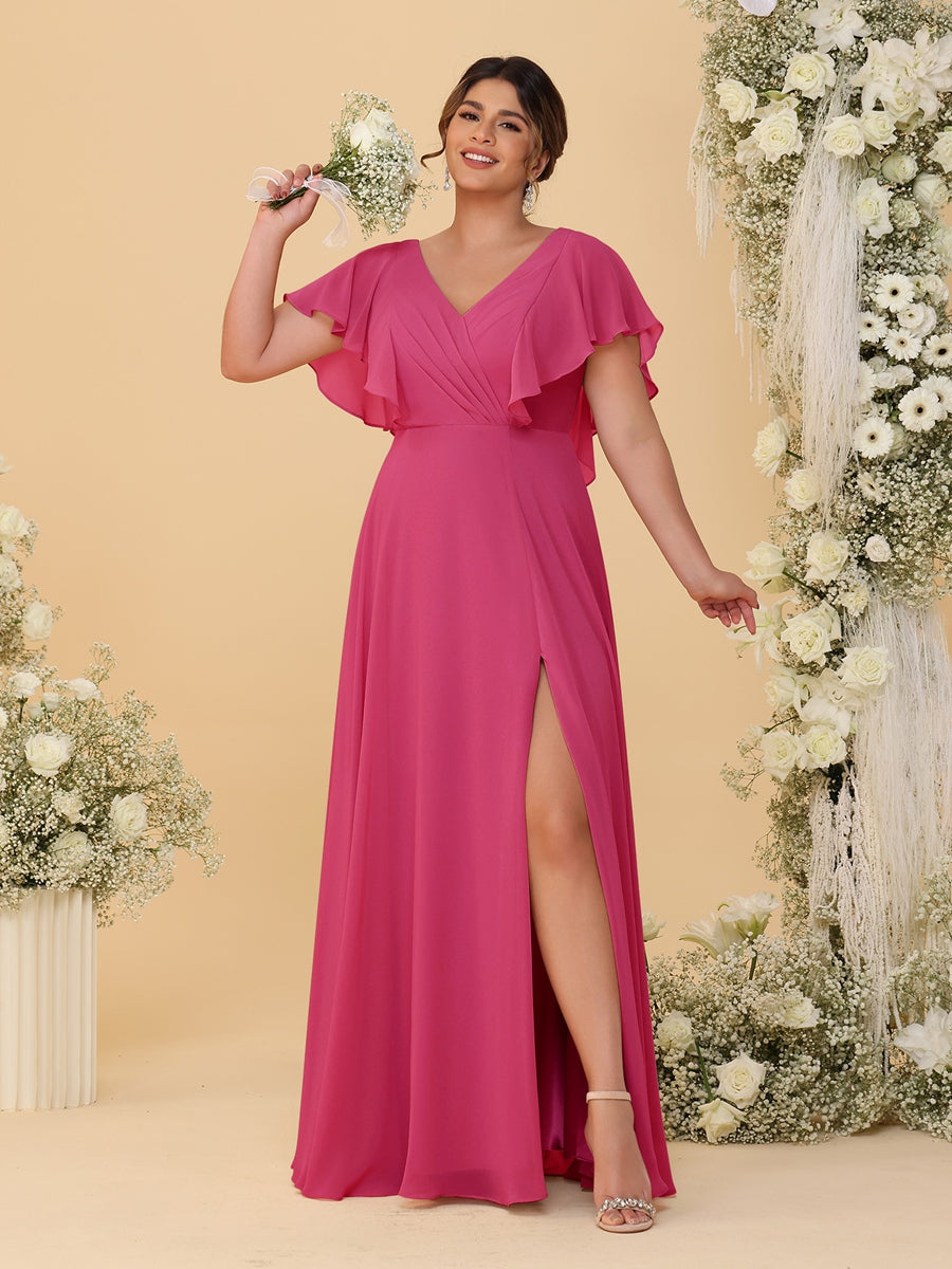 A-Line/Princess V-Neck Short Sleeves Floor-Length Plus Size Bridesmaid Dresses With Side Slit Fuchsia