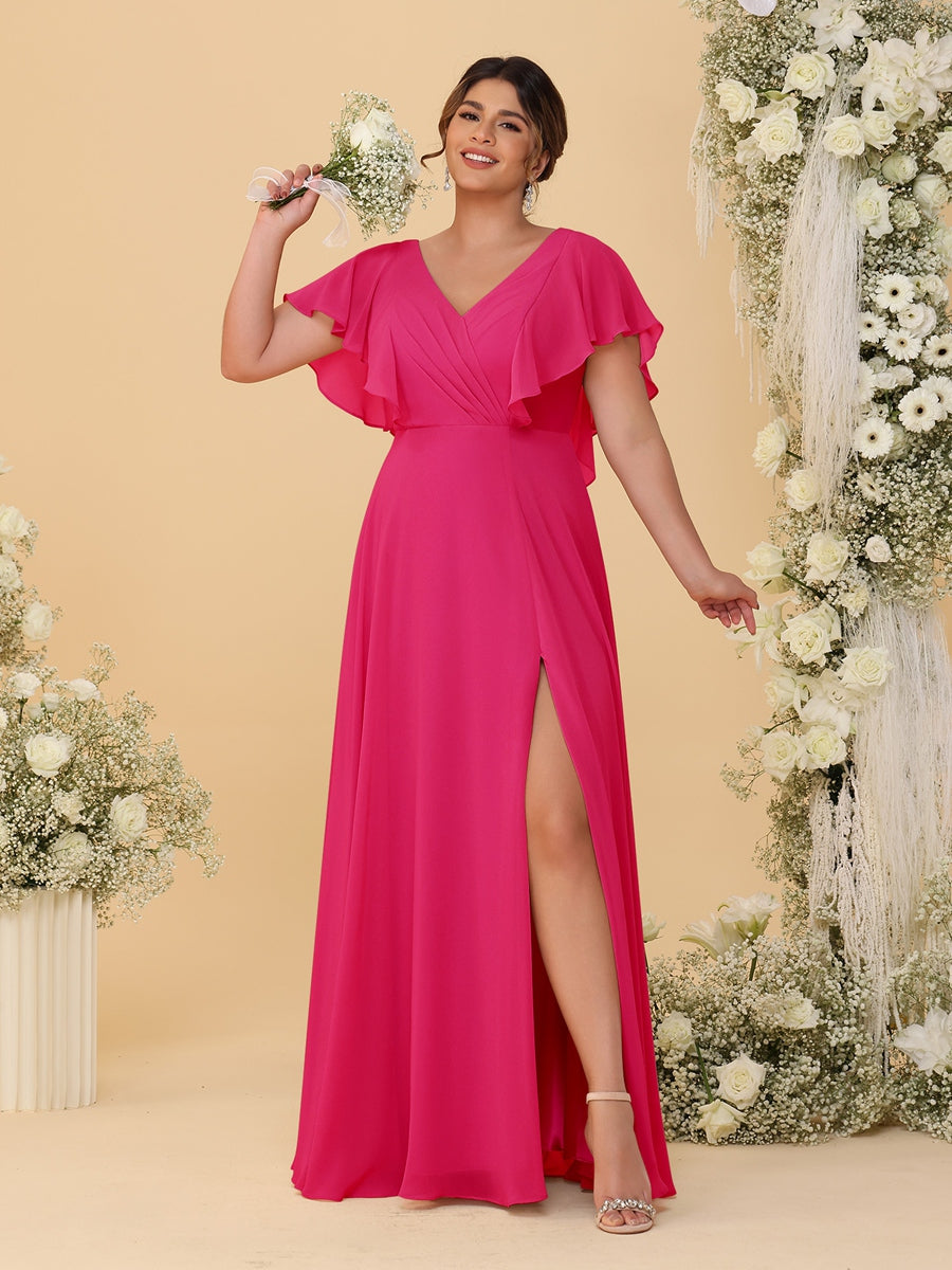 A-Line/Princess V-Neck Short Sleeves Floor-Length Plus Size Bridesmaid Dresses With Side Slit Fuchsia Pink