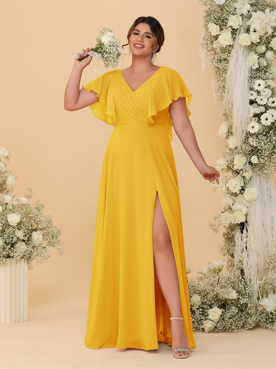 A-Line/Princess V-Neck Short Sleeves Floor-Length Plus Size Bridesmaid Dresses With Side Slit Gold