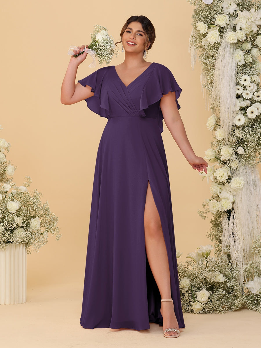 A-Line/Princess V-Neck Short Sleeves Floor-Length Plus Size Bridesmaid Dresses With Side Slit Grape
