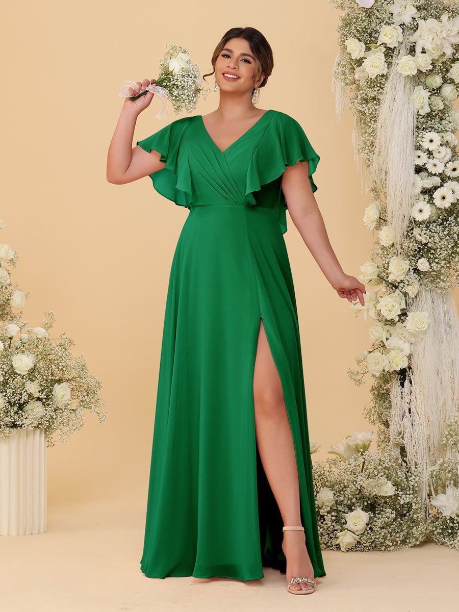 A-Line/Princess V-Neck Short Sleeves Floor-Length Plus Size Bridesmaid Dresses With Side Slit Green