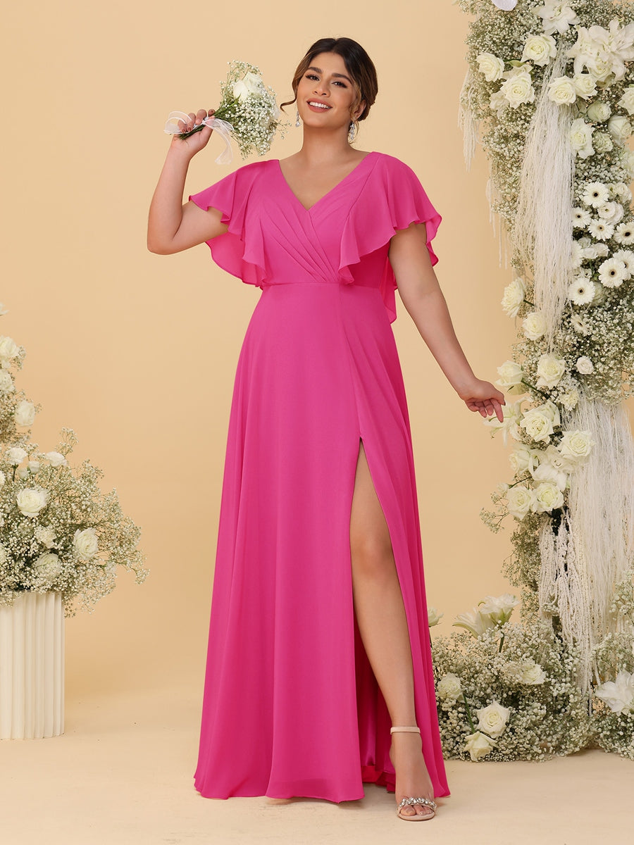 A-Line/Princess V-Neck Short Sleeves Floor-Length Plus Size Bridesmaid Dresses With Side Slit Hot Pink