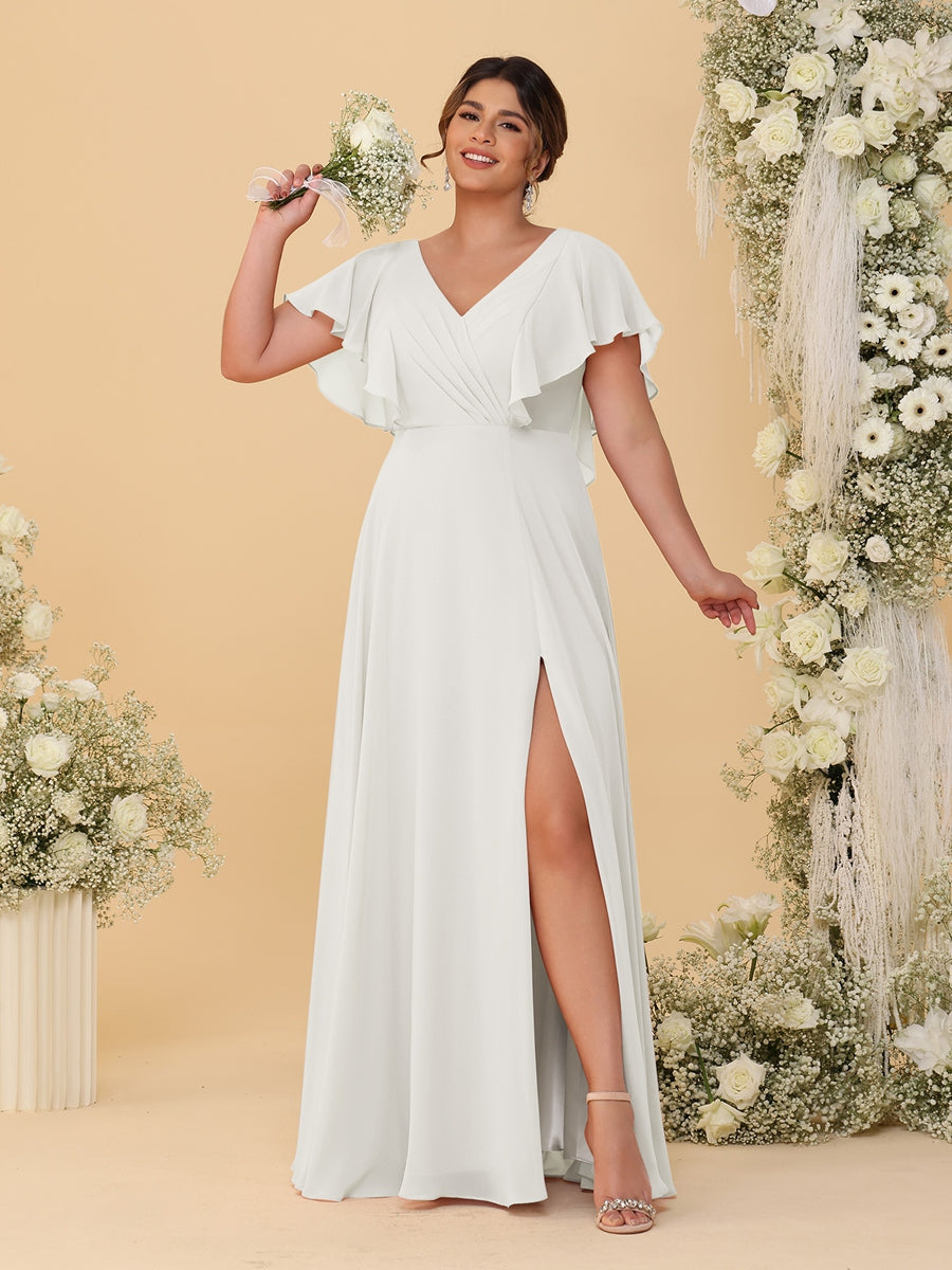 A-Line/Princess V-Neck Short Sleeves Floor-Length Plus Size Bridesmaid Dresses With Side Slit Ivory
