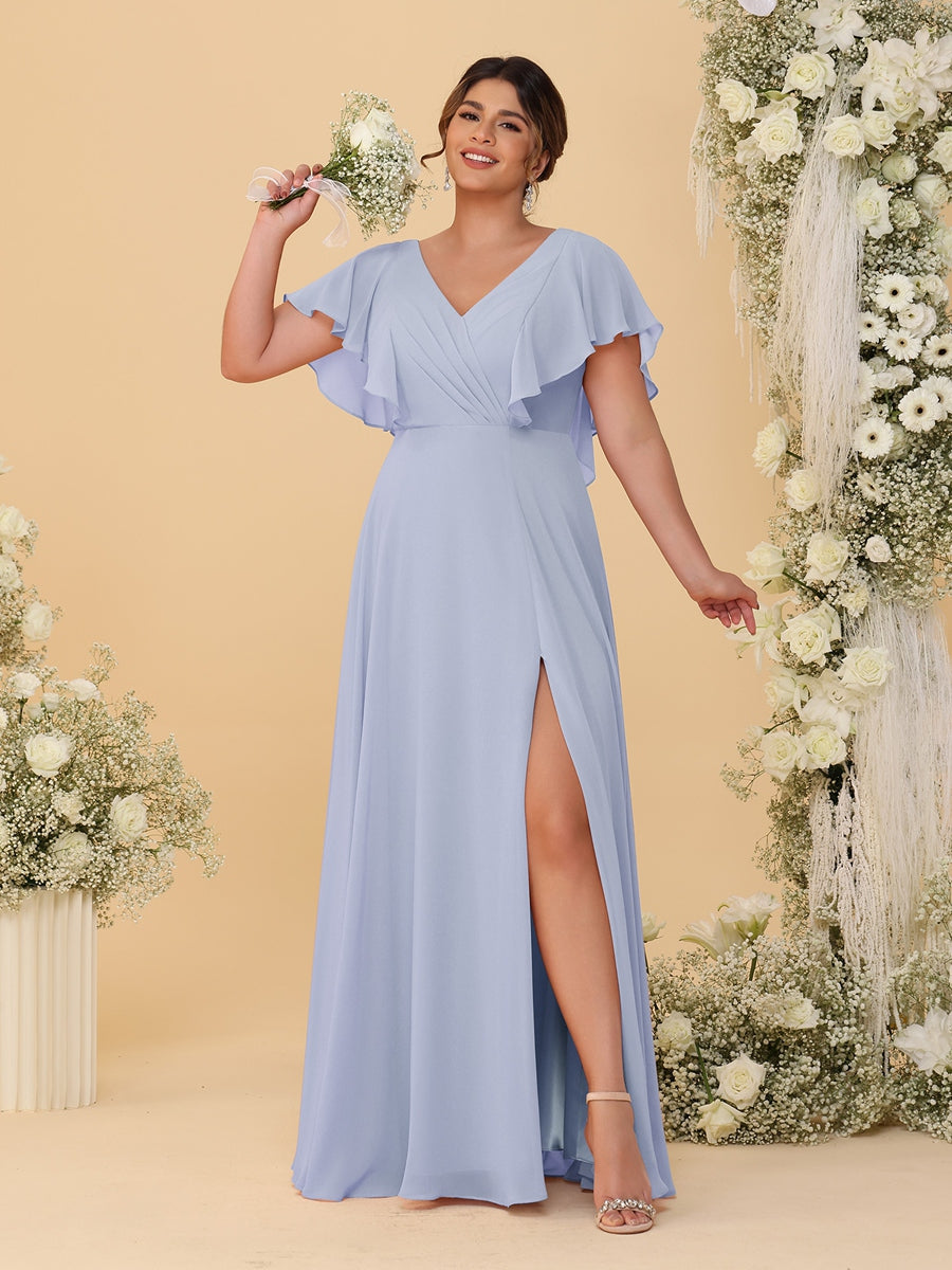 A-Line/Princess V-Neck Short Sleeves Floor-Length Plus Size Bridesmaid Dresses With Side Slit Lavender