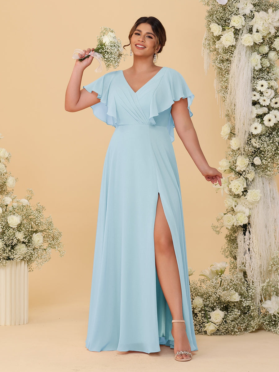 A-Line/Princess V-Neck Short Sleeves Floor-Length Plus Size Bridesmaid Dresses With Side Slit Light Blue
