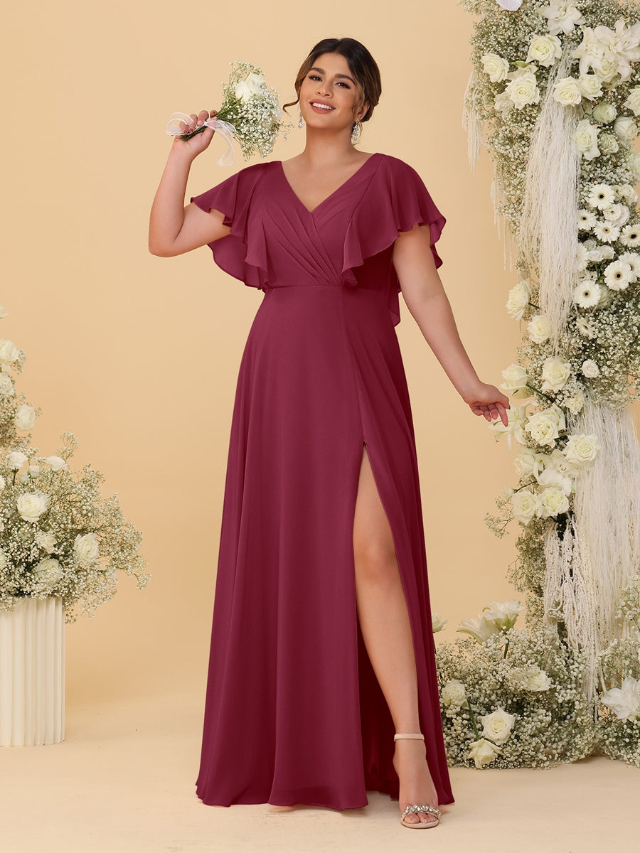 A-Line/Princess V-Neck Short Sleeves Floor-Length Plus Size Bridesmaid Dresses With Side Slit Light Burgundy