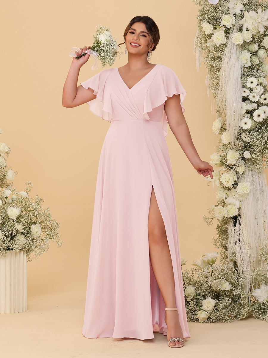 A-Line/Princess V-Neck Short Sleeves Floor-Length Plus Size Bridesmaid Dresses With Side Slit Light Pink
