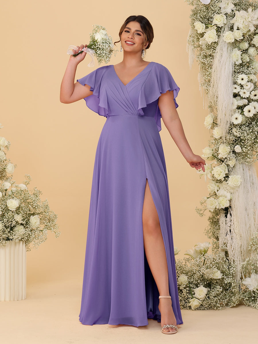 A-Line/Princess V-Neck Short Sleeves Floor-Length Plus Size Bridesmaid Dresses With Side Slit Light Purple