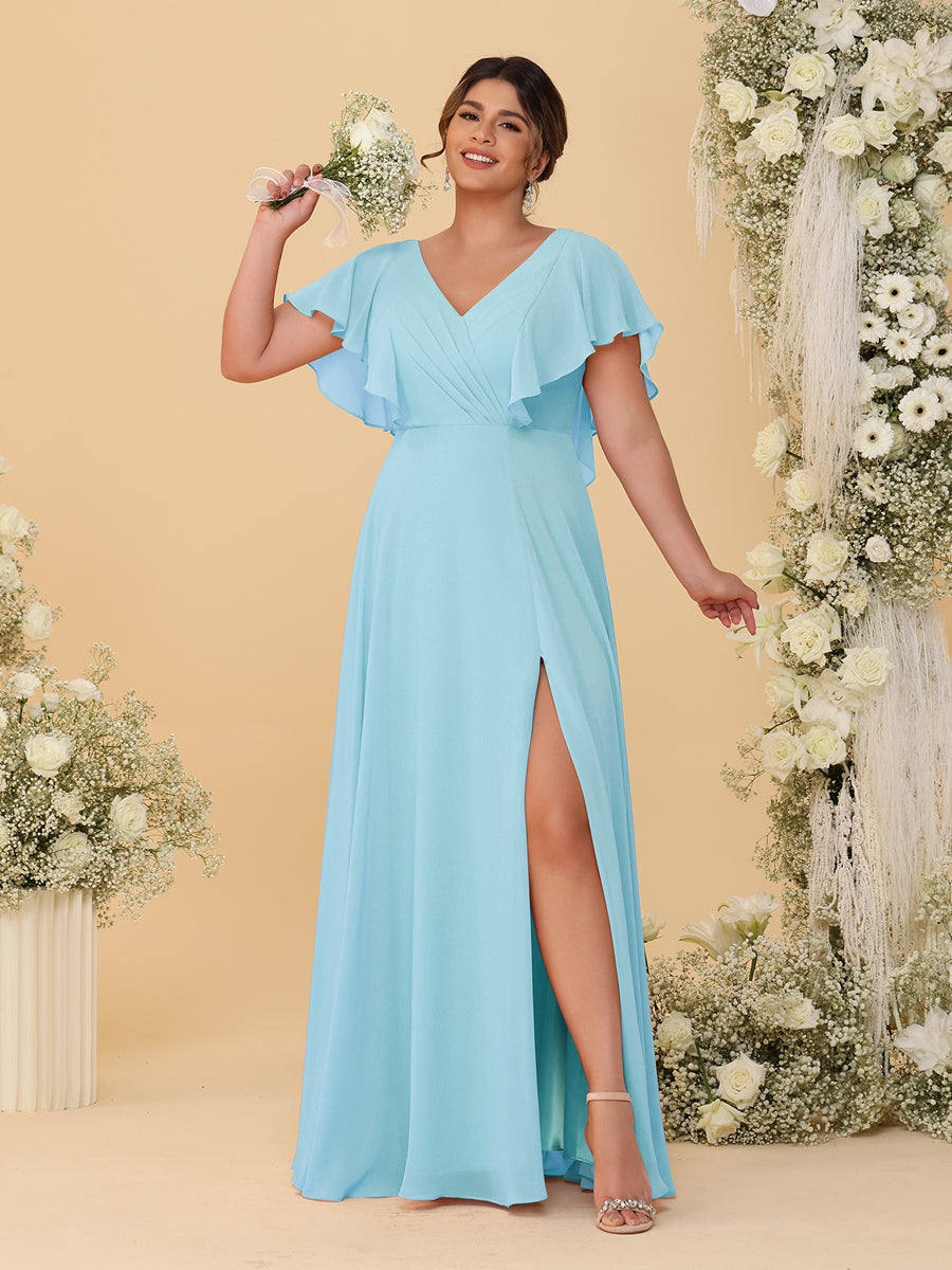 A-Line/Princess V-Neck Short Sleeves Floor-Length Plus Size Bridesmaid Dresses With Side Slit Light Sky Blue