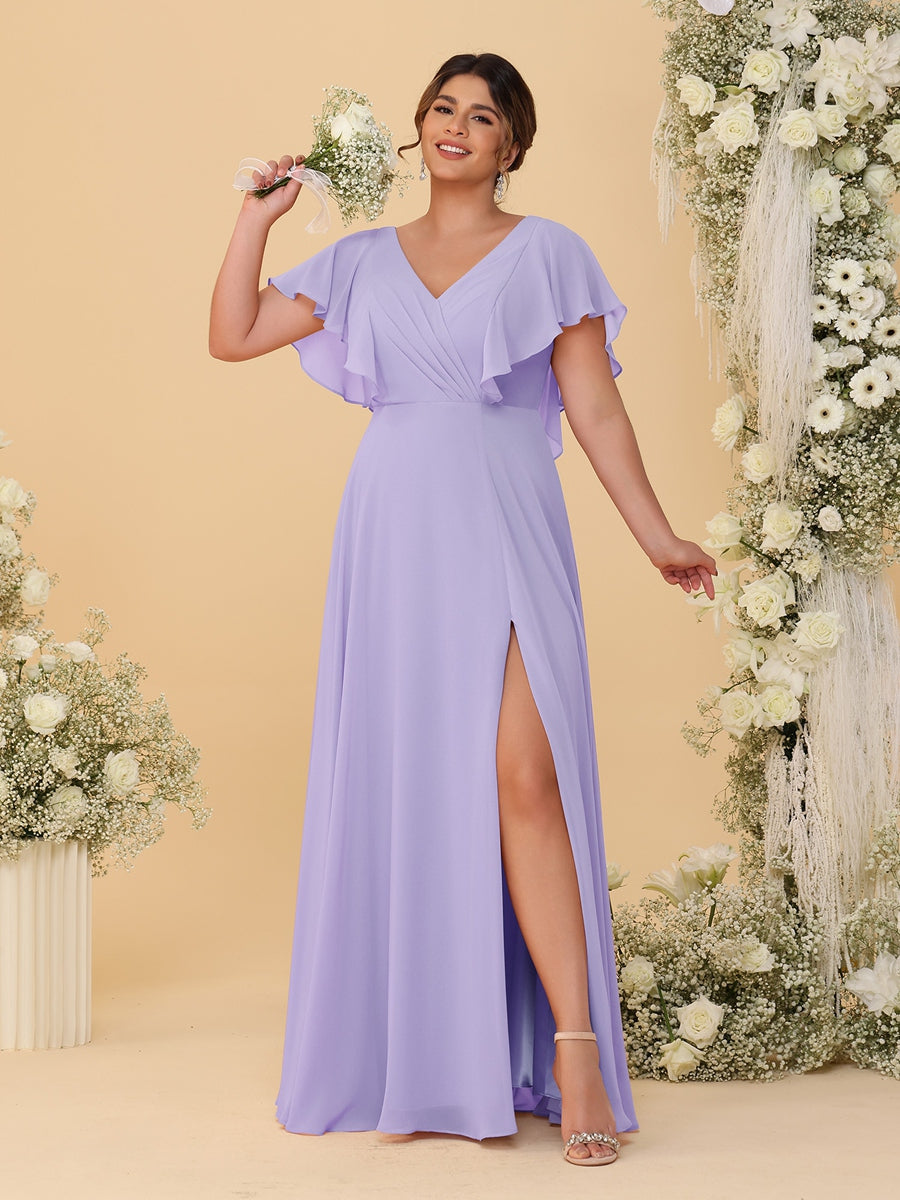 A-Line/Princess V-Neck Short Sleeves Floor-Length Plus Size Bridesmaid Dresses With Side Slit Lilac
