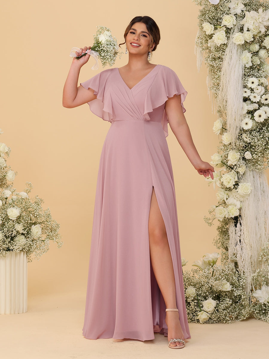 A-Line/Princess V-Neck Short Sleeves Floor-Length Plus Size Bridesmaid Dresses With Side Slit Mauve