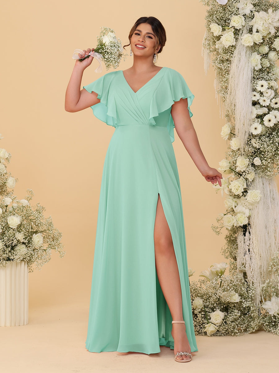 A-Line/Princess V-Neck Short Sleeves Floor-Length Plus Size Bridesmaid Dresses With Side Slit Mint Green