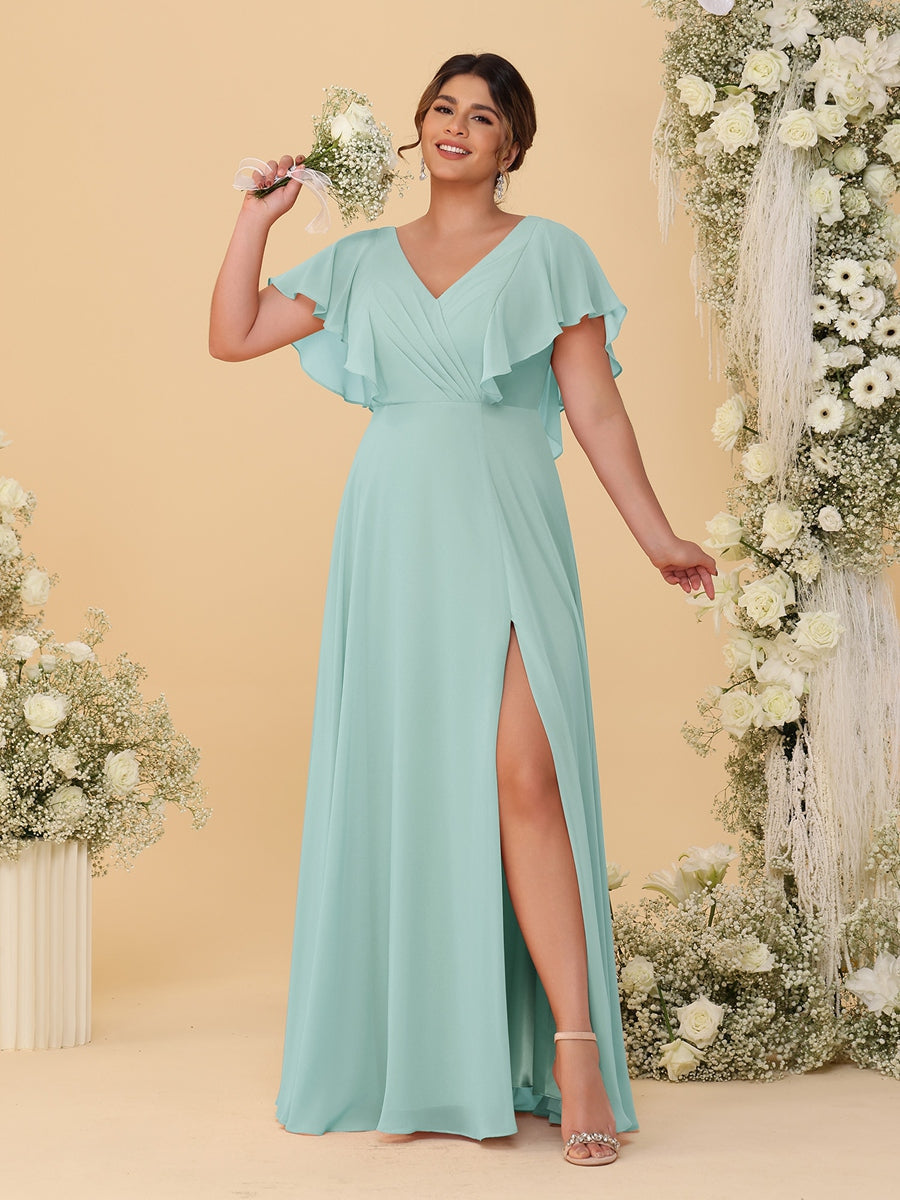 A-Line/Princess V-Neck Short Sleeves Floor-Length Plus Size Bridesmaid Dresses With Side Slit Mist Blue