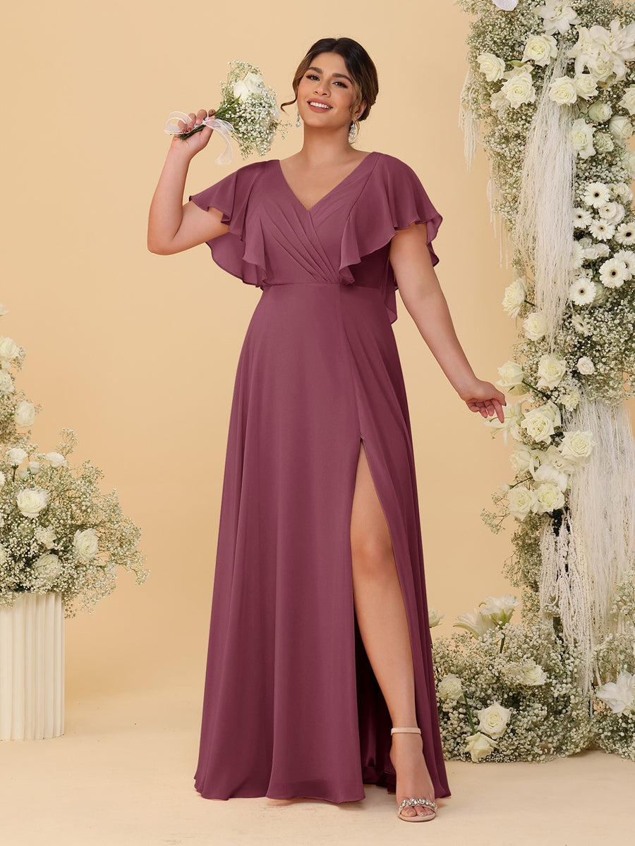 A-Line/Princess V-Neck Short Sleeves Floor-Length Plus Size Bridesmaid Dresses With Side Slit Mulberry