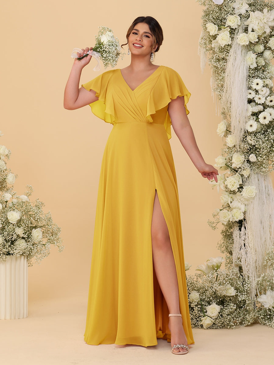 A-Line/Princess V-Neck Short Sleeves Floor-Length Plus Size Bridesmaid Dresses With Side Slit Mustard Yellow