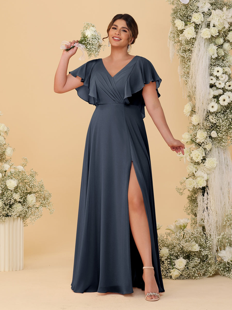 A-Line/Princess V-Neck Short Sleeves Floor-Length Plus Size Bridesmaid Dresses With Side Slit Navy Blue