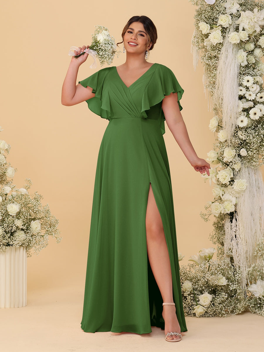 A-Line/Princess V-Neck Short Sleeves Floor-Length Plus Size Bridesmaid Dresses With Side Slit Olive Green
