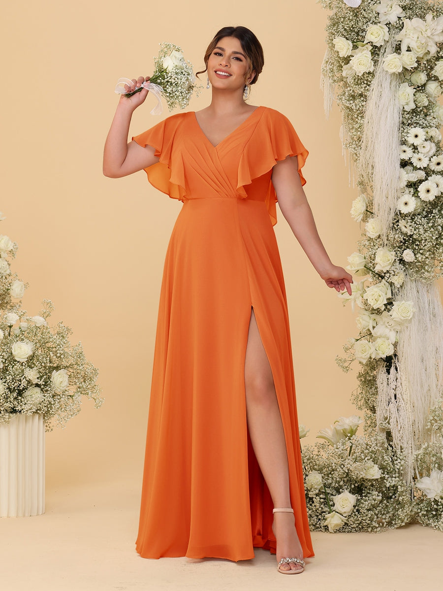 A-Line/Princess V-Neck Short Sleeves Floor-Length Plus Size Bridesmaid Dresses With Side Slit Orange