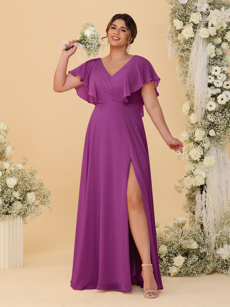 A-Line/Princess V-Neck Short Sleeves Floor-Length Plus Size Bridesmaid Dresses With Side Slit Orchid