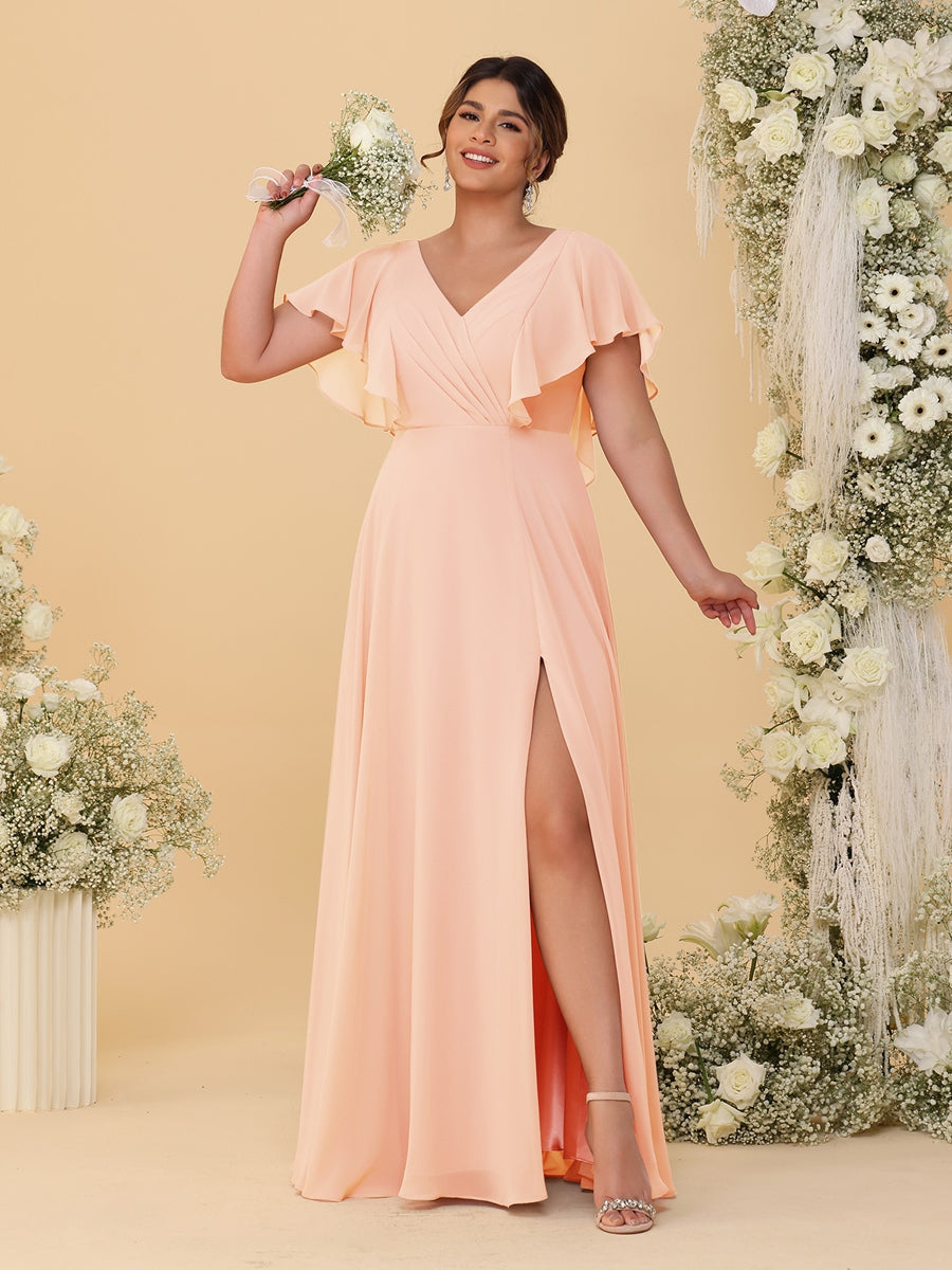 A-Line/Princess V-Neck Short Sleeves Floor-Length Plus Size Bridesmaid Dresses With Side Slit Peach Pink