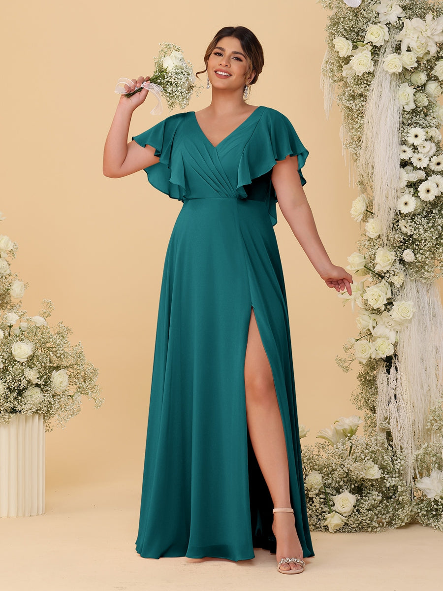 A-Line/Princess V-Neck Short Sleeves Floor-Length Plus Size Bridesmaid Dresses With Side Slit Peacock