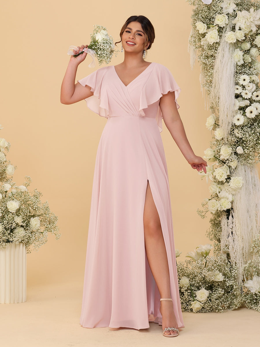 A-Line/Princess V-Neck Short Sleeves Floor-Length Plus Size Bridesmaid Dresses With Side Slit Pearl Pink