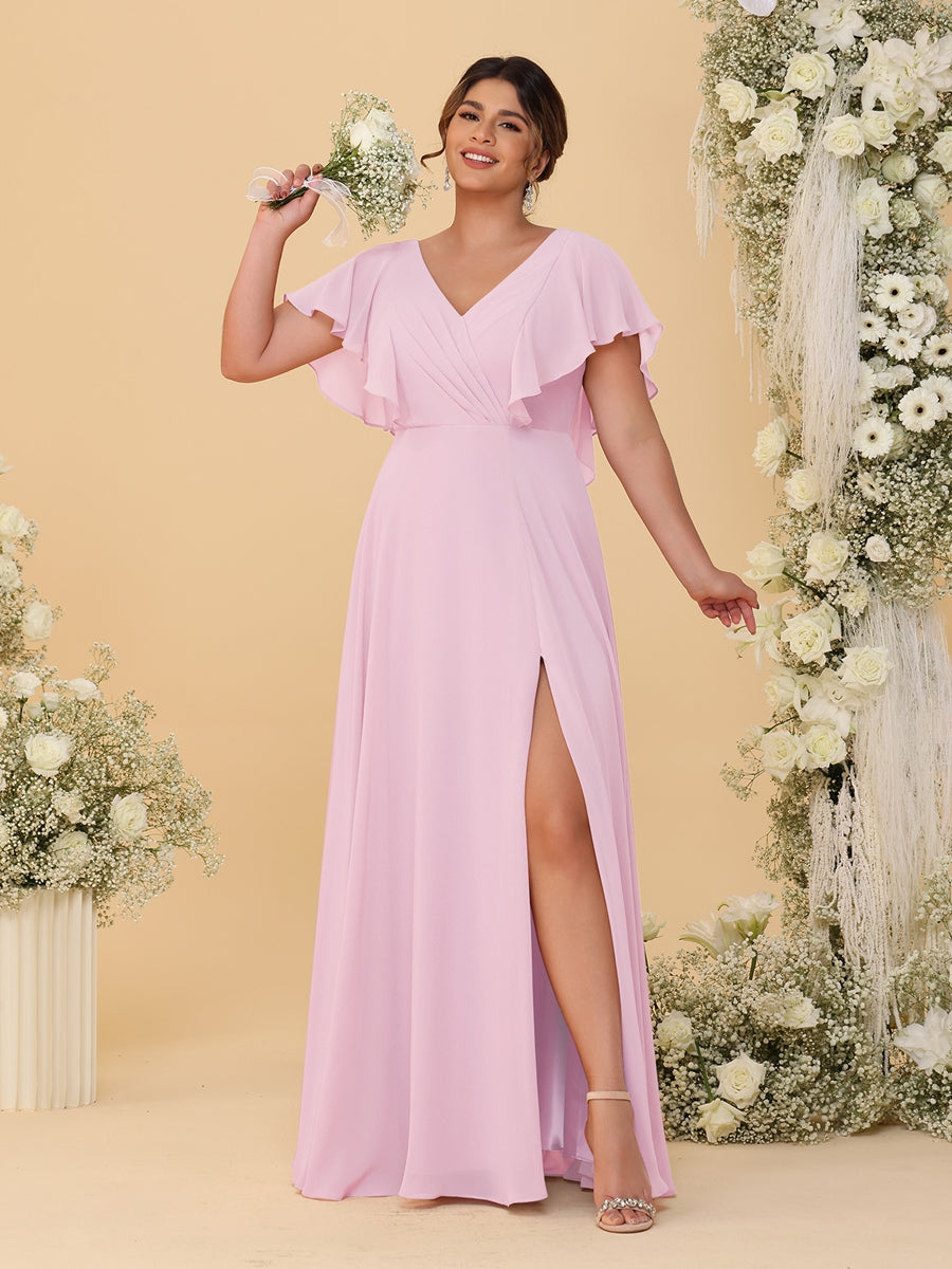 A-Line/Princess V-Neck Short Sleeves Floor-Length Plus Size Bridesmaid Dresses With Side Slit Pink