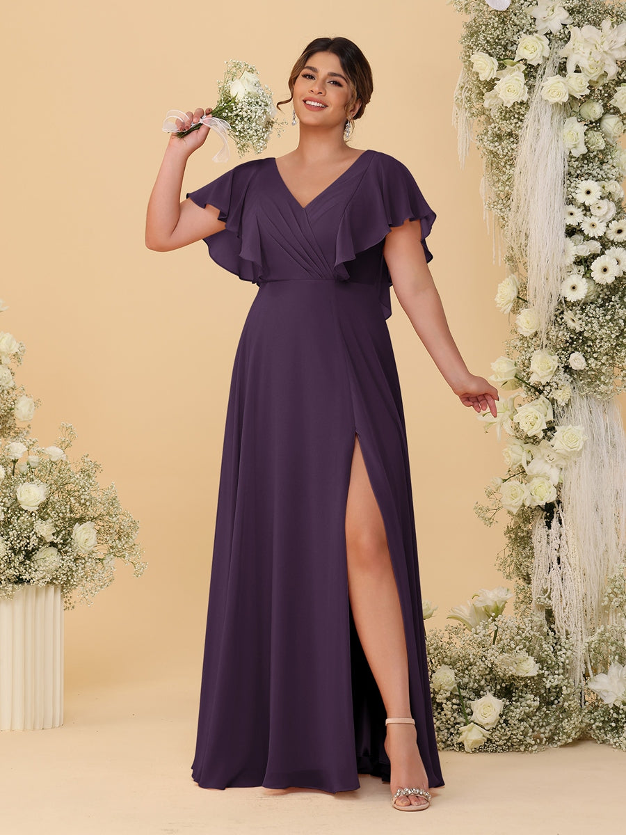 A-Line/Princess V-Neck Short Sleeves Floor-Length Plus Size Bridesmaid Dresses With Side Slit Plum